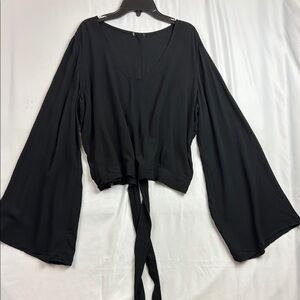 Black V-Neck Front and Tie Back Blouse with Flowing Bell Sleeves